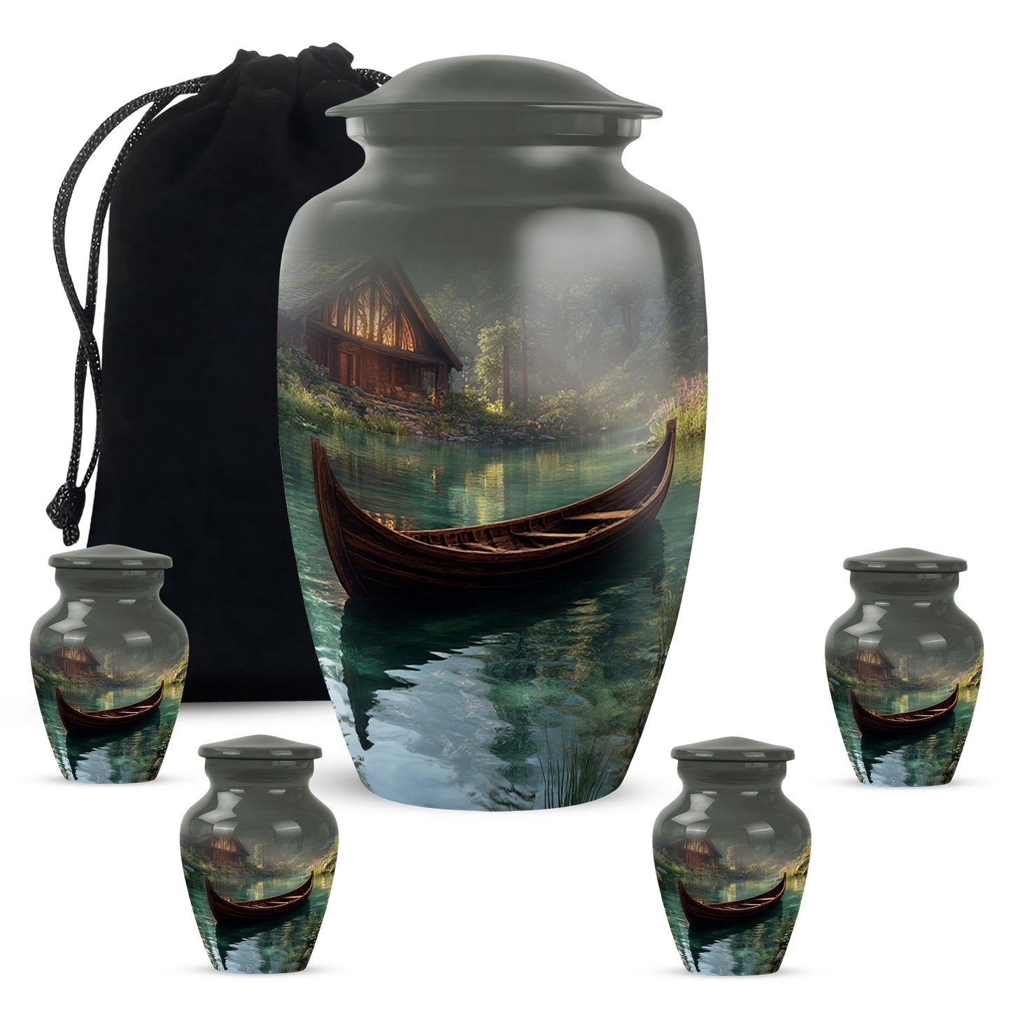 Onyx Black Boat Cremation Urn top-down view of secure threaded lid - elegant classic boat relief with fine detailing - memorial set with one large and four small urns