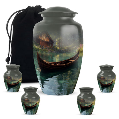 Onyx Black Boat Cremation Urn top-down view of secure threaded lid - elegant classic boat relief with fine detailing - memorial set with one large and four small urns