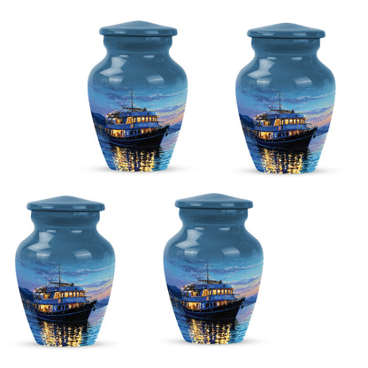 Indigo Boat Cremation Urn side profile showing urn shape - timeless boat motif etched into premium metal - 10 inch aluminum urn for cremated remains