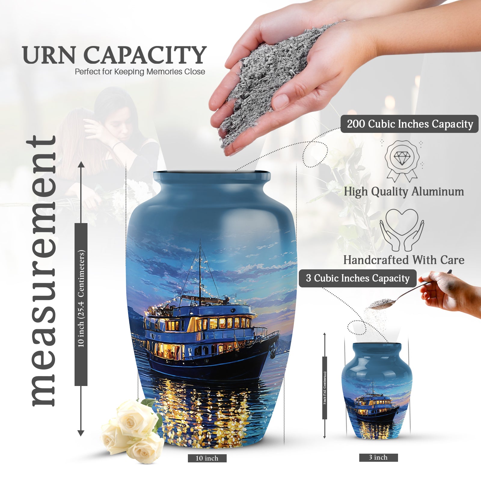 Soft Blue Boat Cremation Urn close-up of engraving and surface detail - traditional boat engraving with hand-polished finish - mini keepsake memorial for portion of cremation ashes