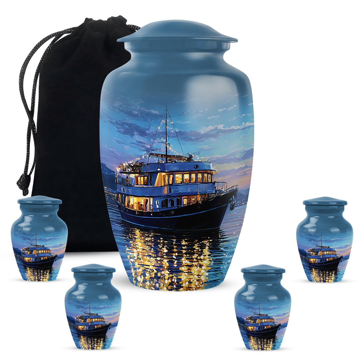 Indigo Boat Cremation Urn top-down view of secure threaded lid - classic sculpted boat pattern on smooth aluminum - memorial set with one large and four small urns