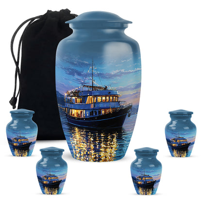 Indigo Boat Cremation Urn top-down view of secure threaded lid - classic sculpted boat pattern on smooth aluminum - memorial set with one large and four small urns