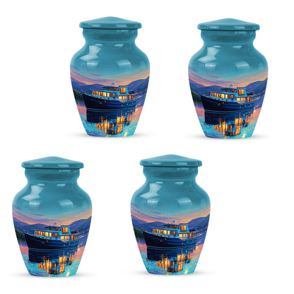 Sea Green Teal Boat Cremation Urn side profile showing urn shape - classic sculpted boat pattern on smooth aluminum - 10 inch aluminum urn for cremated remains