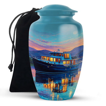 Jewel Teal Boat Cremation Urn angled view of lid and engraved motif - timeless boat motif etched into premium metal - full-size 10 inch 200 cubic inch adult cremation urn