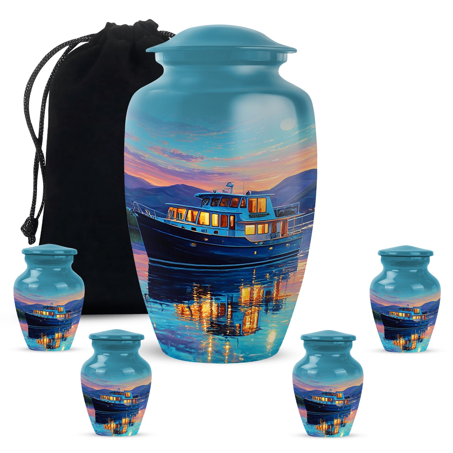 Tropical Teal Boat Cremation Urn top-down view of secure threaded lid - elegant classic boat relief with fine detailing - memorial set with one large and four small urns
