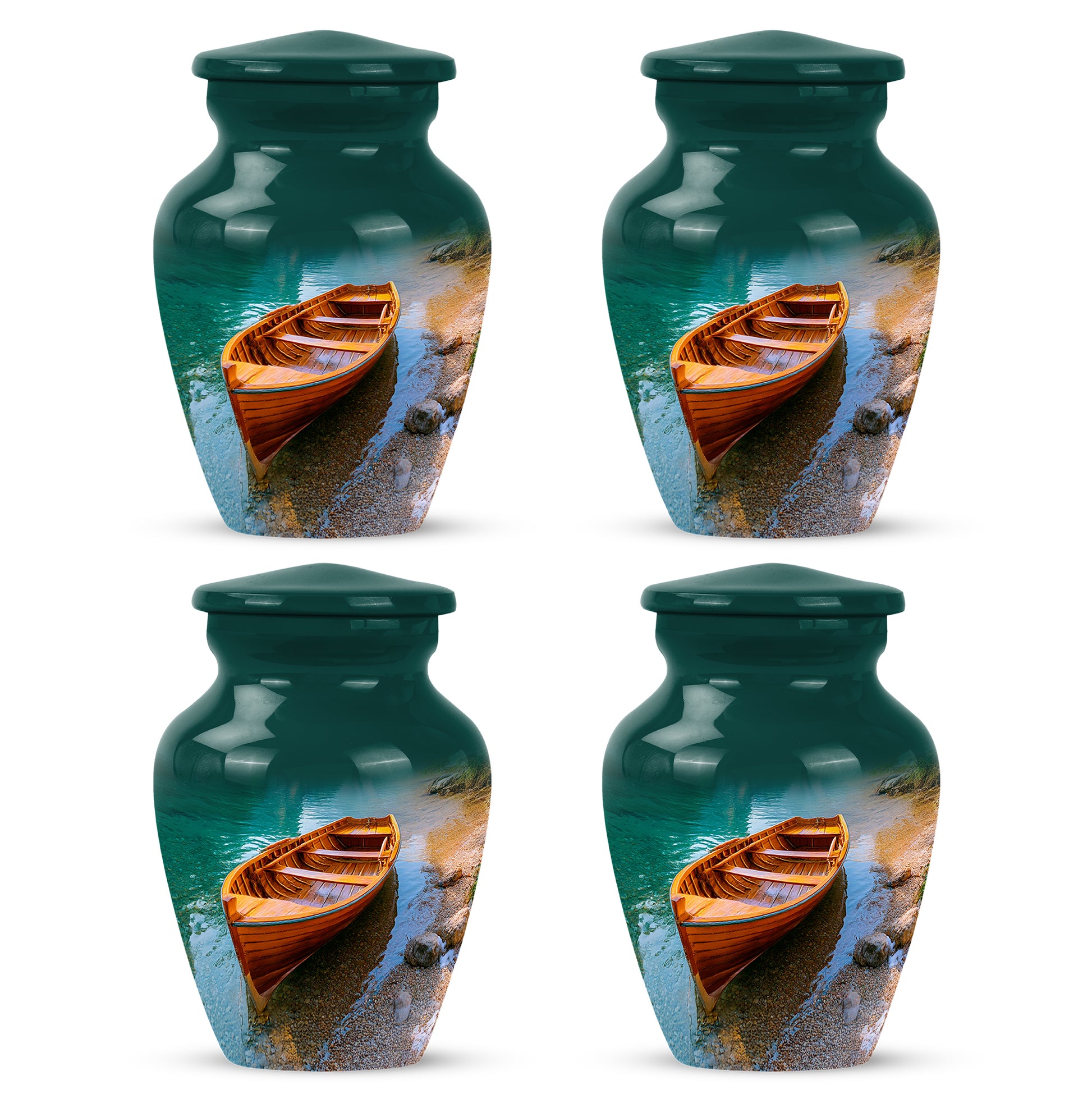 Mystic Teal Boat Cremation Urn side profile showing urn shape - traditional boat engraving with hand-polished finish - 10 inch aluminum urn for cremated remains