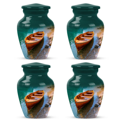 Mystic Teal Boat Cremation Urn side profile showing urn shape - traditional boat engraving with hand-polished finish - 10 inch aluminum urn for cremated remains