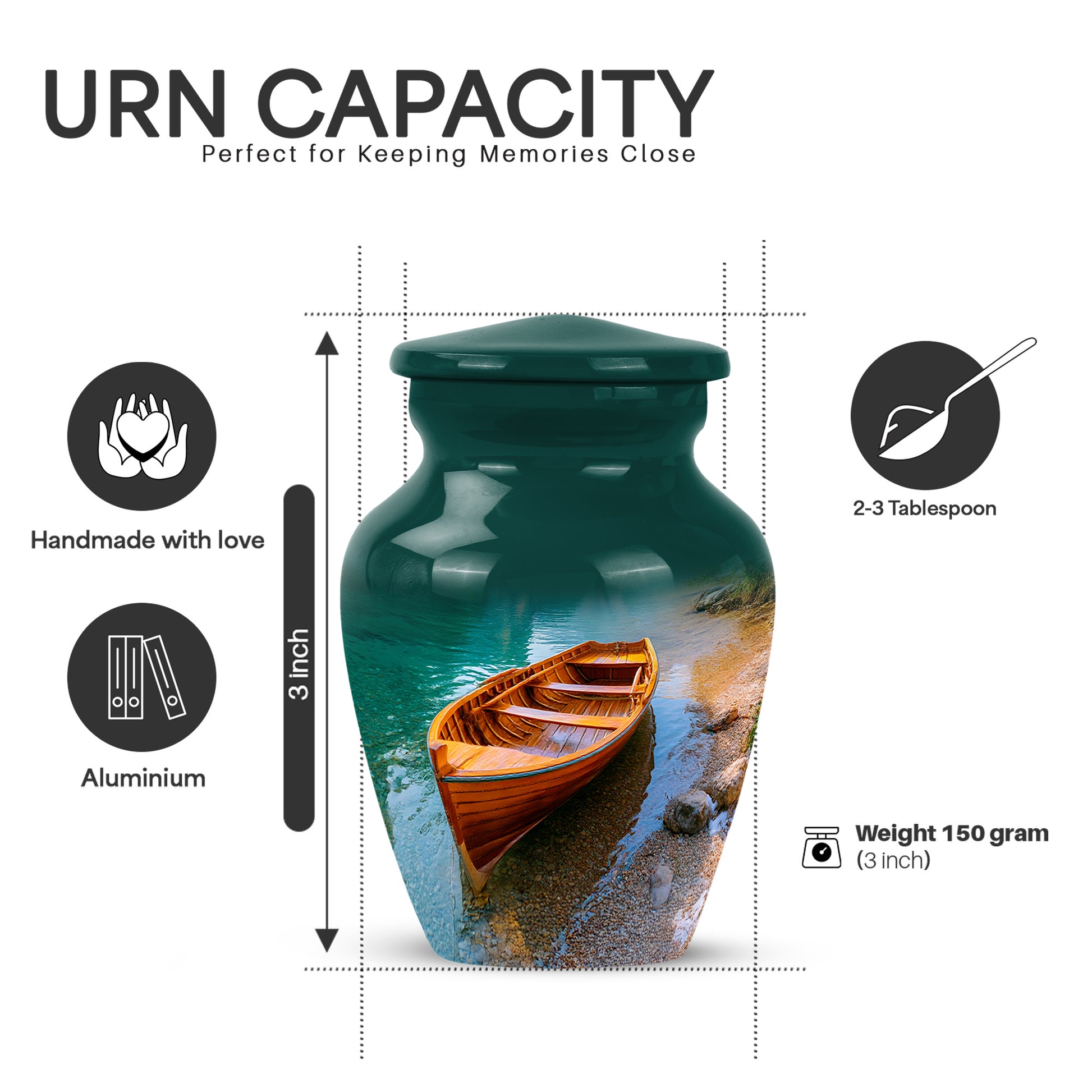 Cool Teal Boat Cremation Urn close-up of engraving and surface detail - classic sculpted boat pattern on smooth aluminum - mini keepsake memorial for portion of cremation ashes