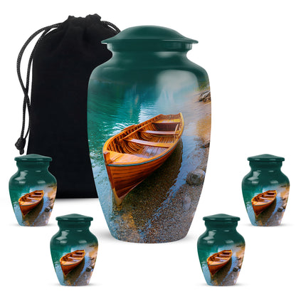 Soft Teal Boat Cremation Urn top-down view of secure threaded lid - classic sculpted boat pattern on smooth aluminum - memorial set with one large and four small urns