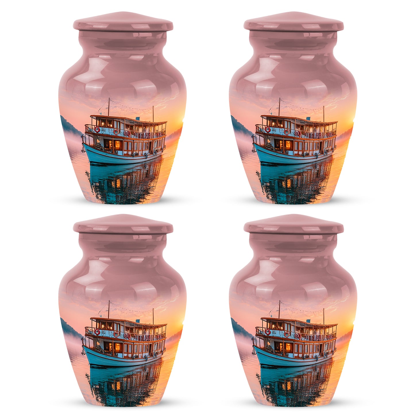 Wine Red Boat Cremation Urn side profile showing urn shape - timeless boat motif etched into premium metal - 10 inch aluminum urn for cremated remains