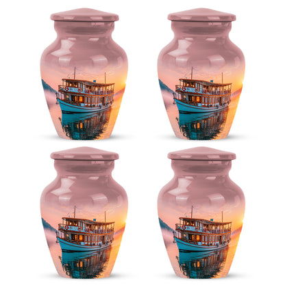 Wine Red Boat Cremation Urn side profile showing urn shape - timeless boat motif etched into premium metal - 10 inch aluminum urn for cremated remains