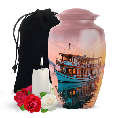Rich Red Boat Cremation Urn angled view of lid and engraved motif - traditional boat engraving with hand-polished finish - full-size 10 inch 200 cubic inch adult cremation urn