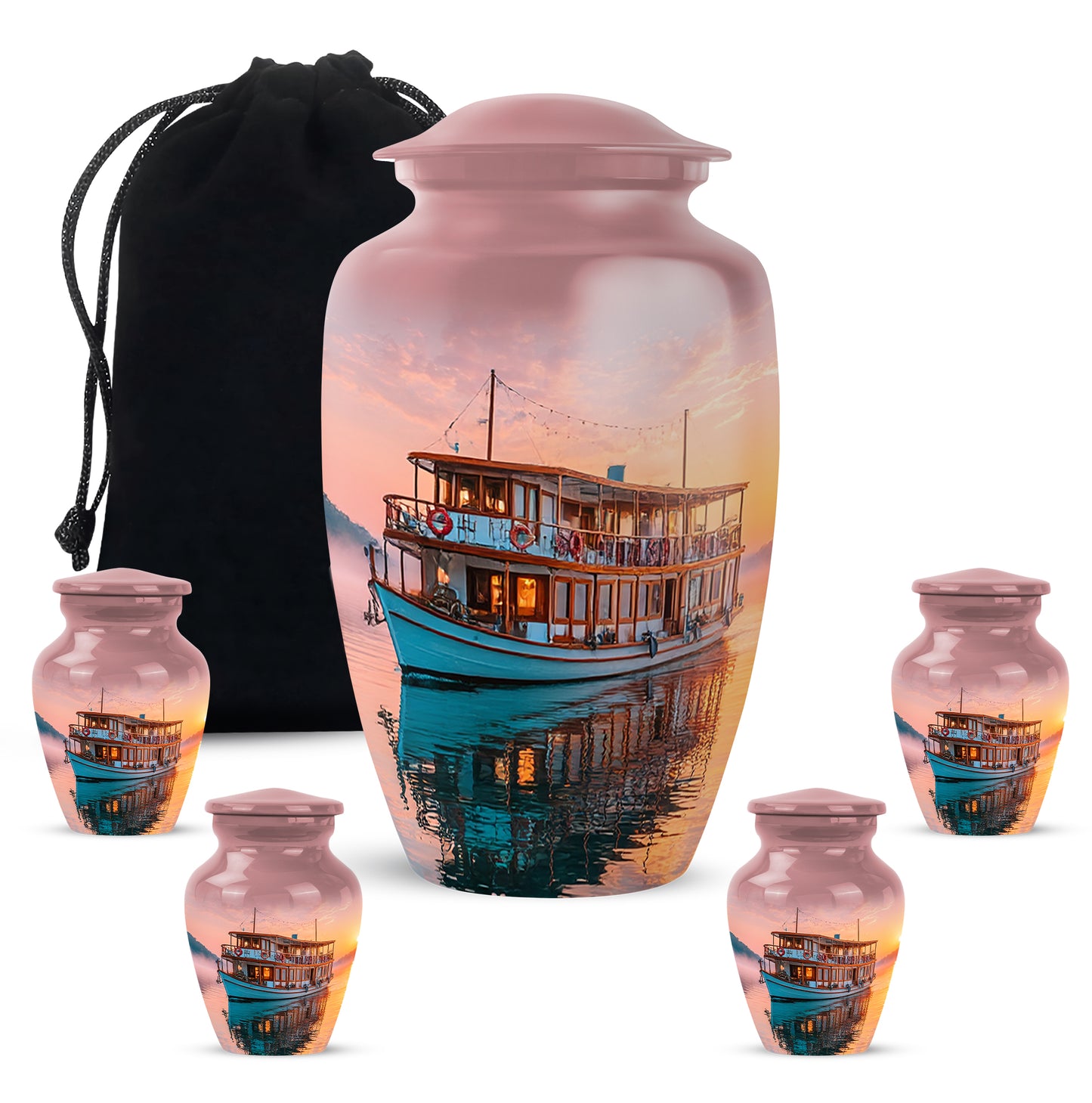 Ruby Red Boat Cremation Urn top-down view of secure threaded lid - elegant classic boat relief with fine detailing - memorial set with one large and four small urns