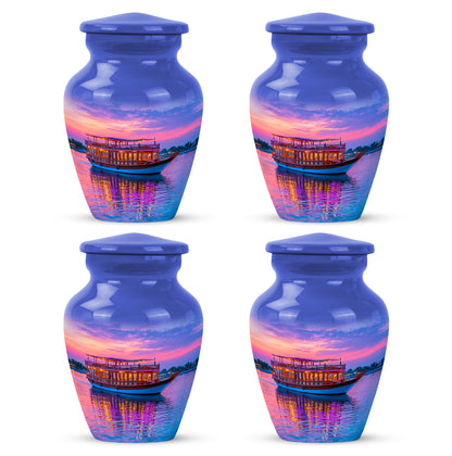 Cornflower Blue Boat Cremation Urn side profile showing urn shape - elegant classic boat relief with fine detailing - 10 inch aluminum urn for cremated remains