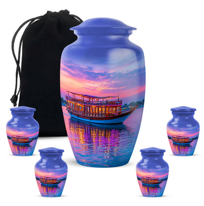 Sapphire Blue Boat Cremation Urn top-down view of secure threaded lid - traditional boat engraving with hand-polished finish - memorial set with one large and four small urns
