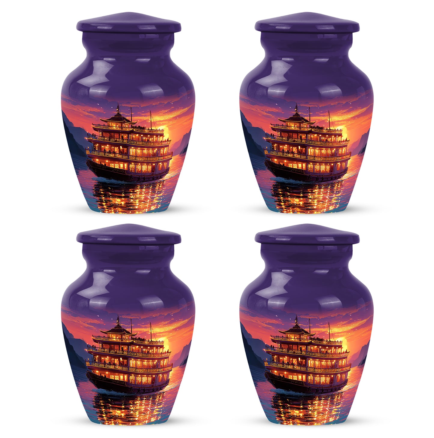 Deep Purple Boat Cremation Urn side profile showing urn shape - timeless boat motif etched into premium metal - 10 inch aluminum urn for cremated remains