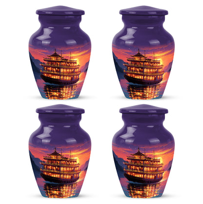 Deep Purple Boat Cremation Urn side profile showing urn shape - timeless boat motif etched into premium metal - 10 inch aluminum urn for cremated remains