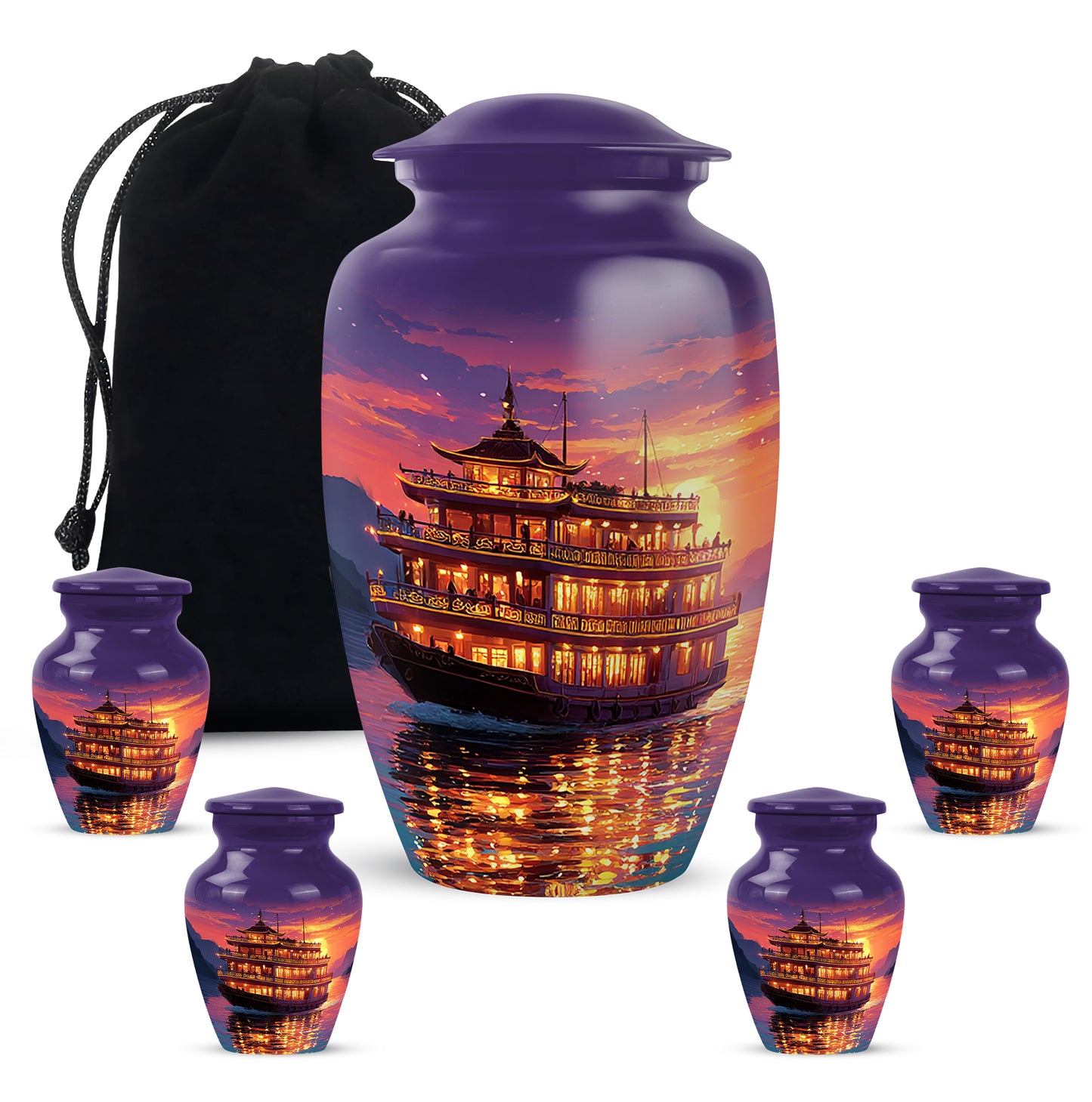 Lavender Purple Boat Cremation Urn top-down view of secure threaded lid - traditional boat engraving with hand-polished finish - memorial set with one large and four small urns