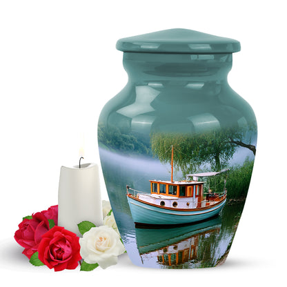 Resplendent Teal Boat Cremation Urn for Ashes - 10-inch, 200 cu in - Yatskia