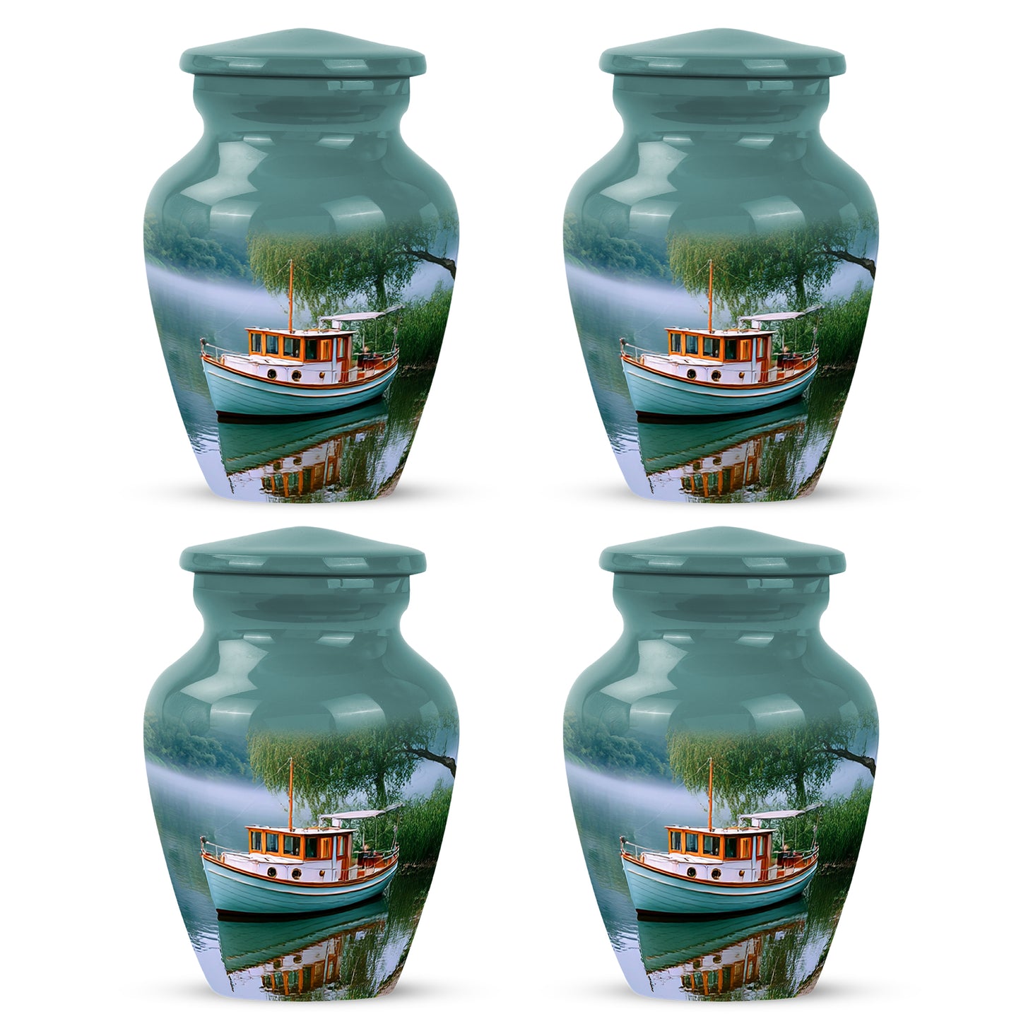 Aqua Teal Boat Cremation Urn side profile showing urn shape - traditional boat engraving with hand-polished finish - 10 inch aluminum urn for cremated remains