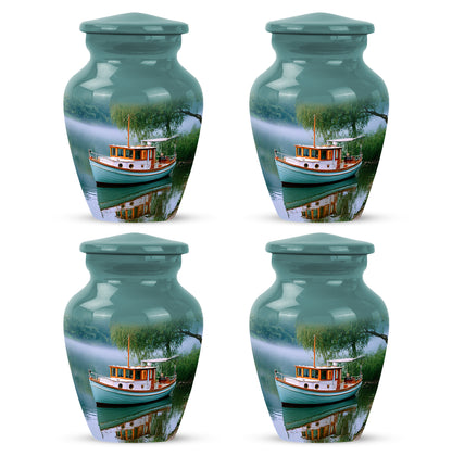 Aqua Teal Boat Cremation Urn side profile showing urn shape - traditional boat engraving with hand-polished finish - 10 inch aluminum urn for cremated remains