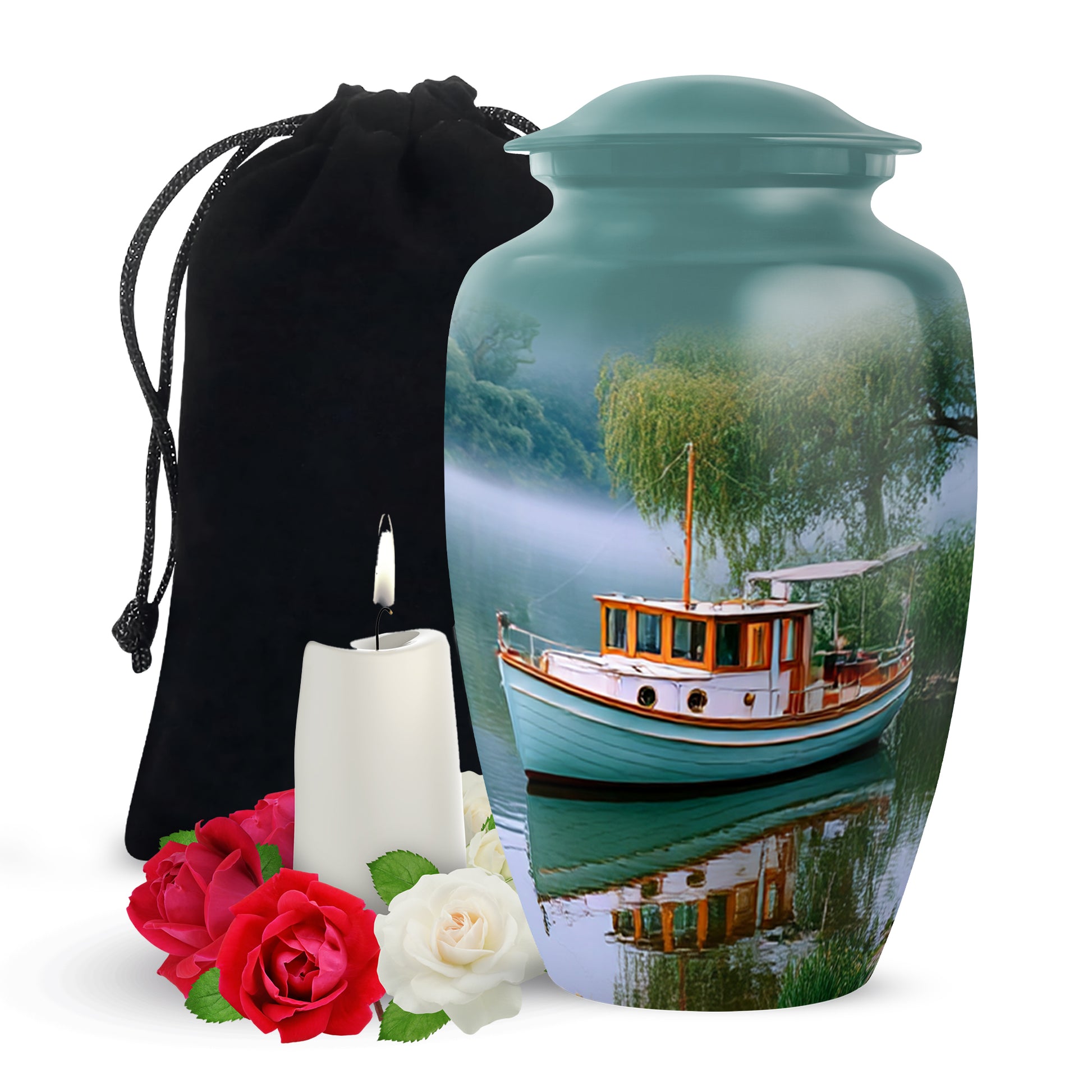 Tropical Teal Boat Cremation Urn angled view of lid and engraved motif - elegant classic boat relief with fine detailing - full-size 10 inch 200 cubic inch adult cremation urn