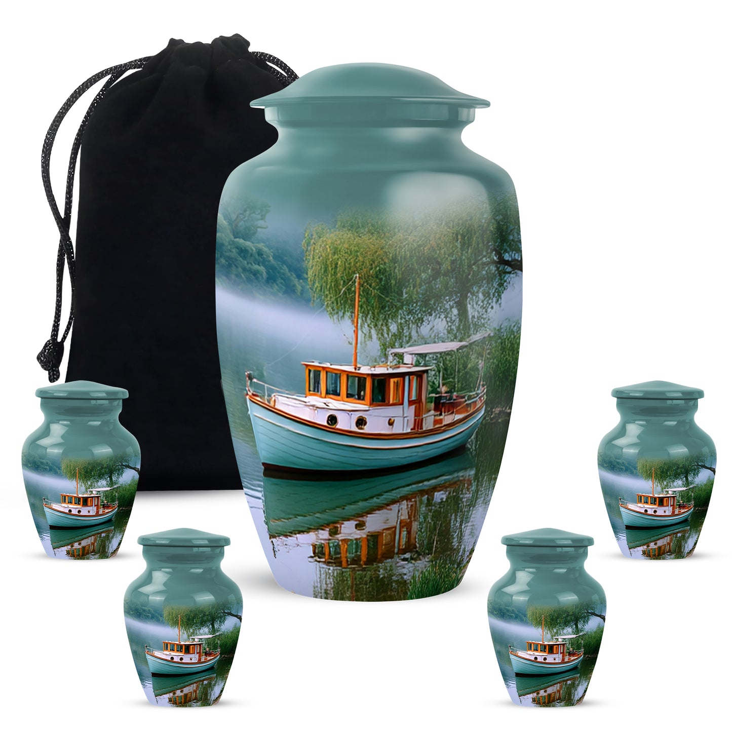 Ocean Teal Boat Cremation Urn top-down view of secure threaded lid - classic sculpted boat pattern on smooth aluminum - memorial set with one large and four small urns