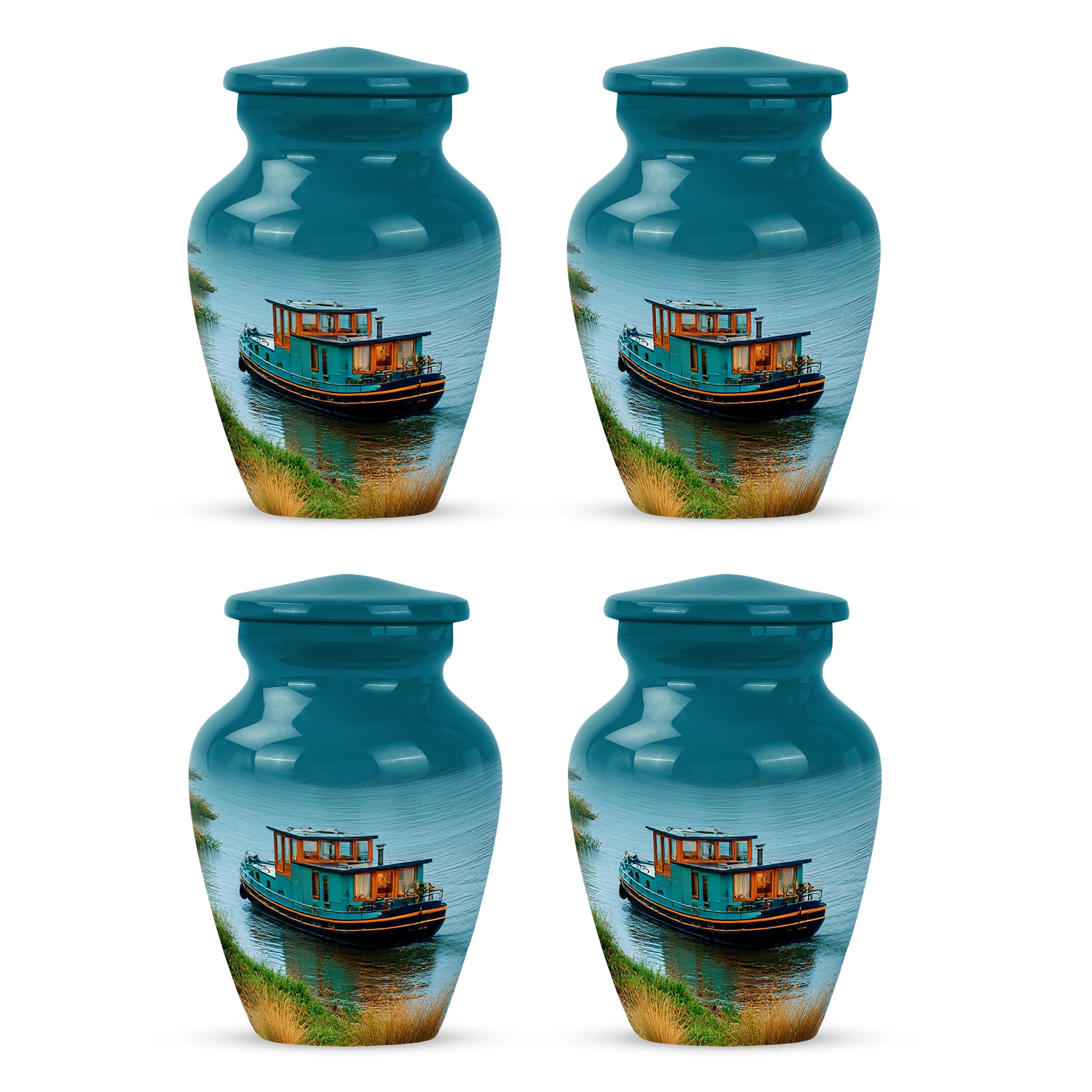 Jewel Teal Boat Cremation Urn side profile showing urn shape - classic sculpted boat pattern on smooth aluminum - 10 inch aluminum urn for cremated remains