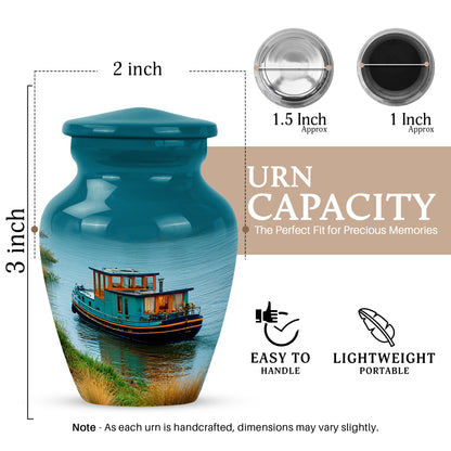 Soft Teal Boat Cremation Urn close-up of engraving and surface detail - classic sculpted boat pattern on smooth aluminum - mini keepsake memorial for portion of cremation ashes
