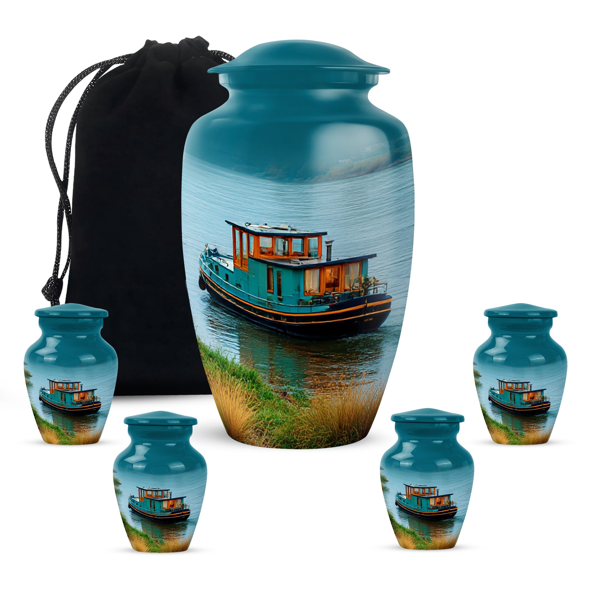 Sea Green Teal Boat Cremation Urn top-down view of secure threaded lid - timeless boat motif etched into premium metal - memorial set with one large and four small urns