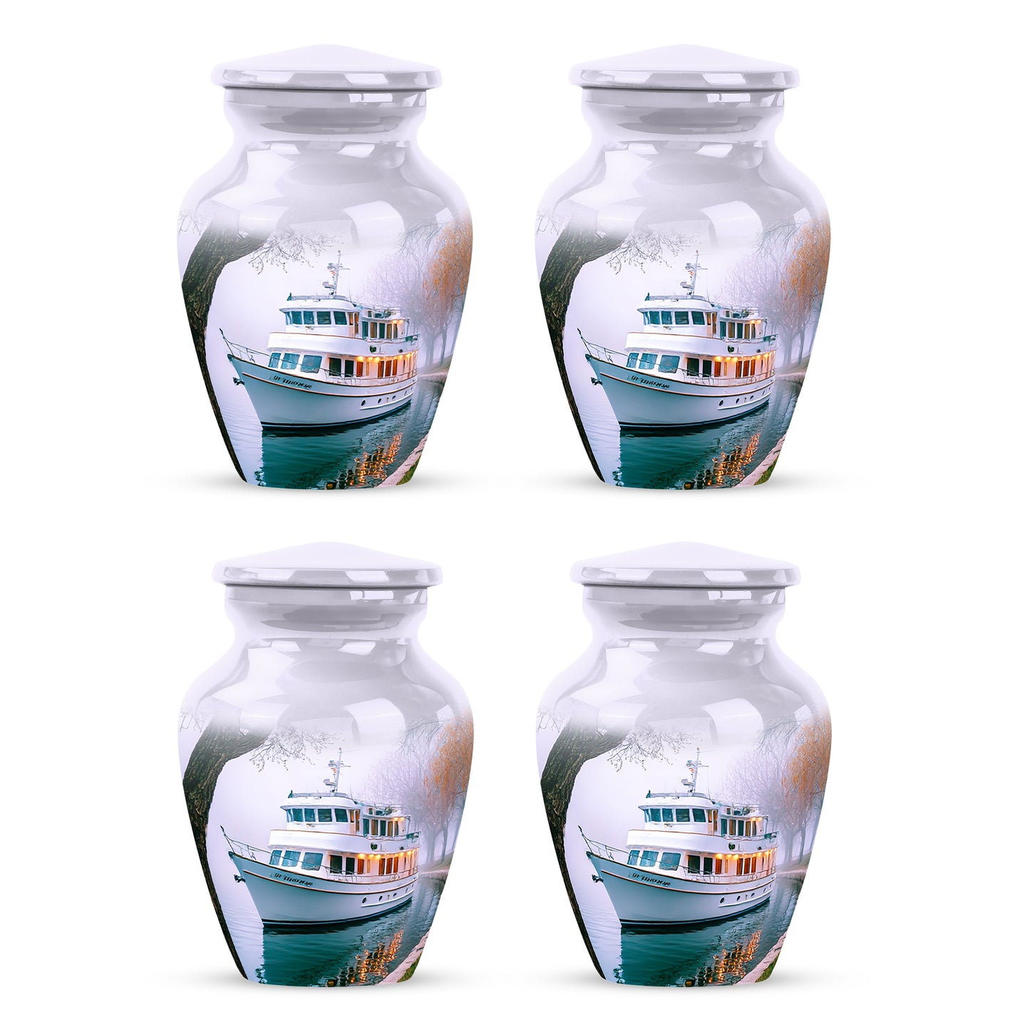 Cream White Boat Cremation Urn side profile showing urn shape - elegant classic boat relief with fine detailing - 10 inch aluminum urn for cremated remains