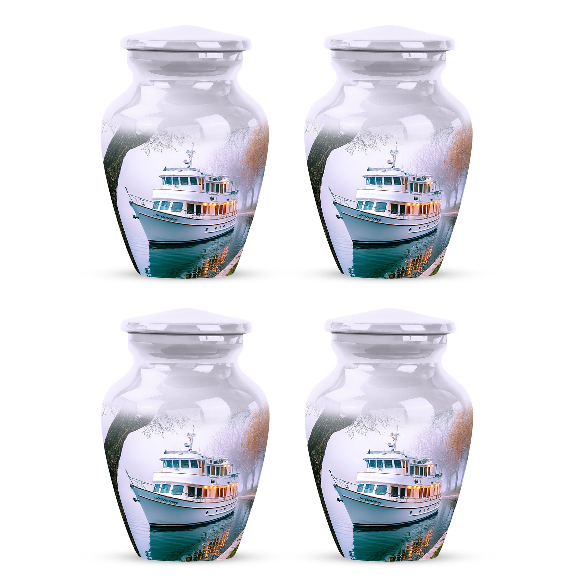 Cream White Boat Cremation Urn side profile showing urn shape - elegant classic boat relief with fine detailing - 10 inch aluminum urn for cremated remains