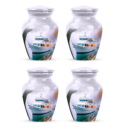 Cream White Boat Cremation Urn side profile showing urn shape - elegant classic boat relief with fine detailing - 10 inch aluminum urn for cremated remains