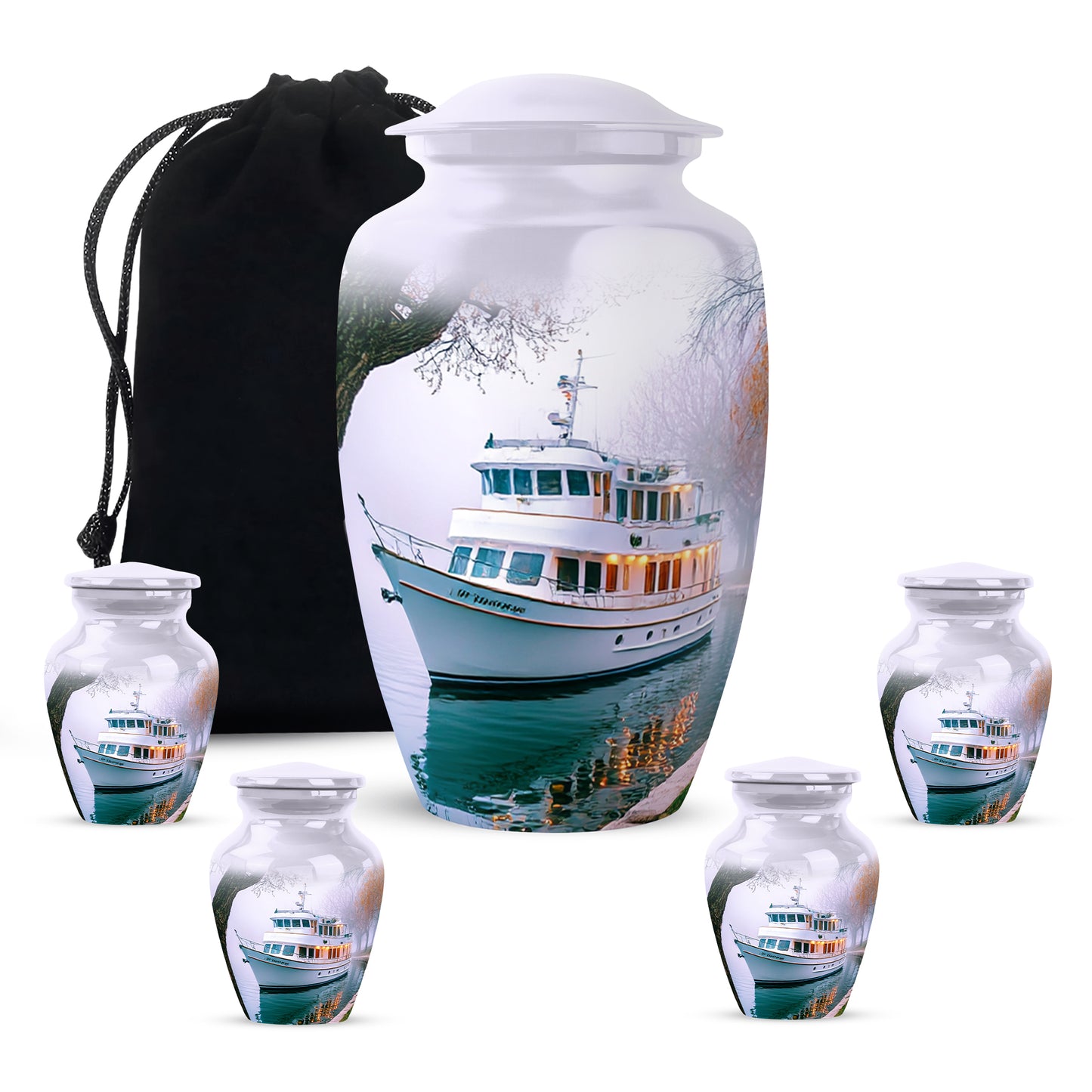 Frost White Boat Cremation Urn top-down view of secure threaded lid - classic sculpted boat pattern on smooth aluminum - memorial set with one large and four small urns