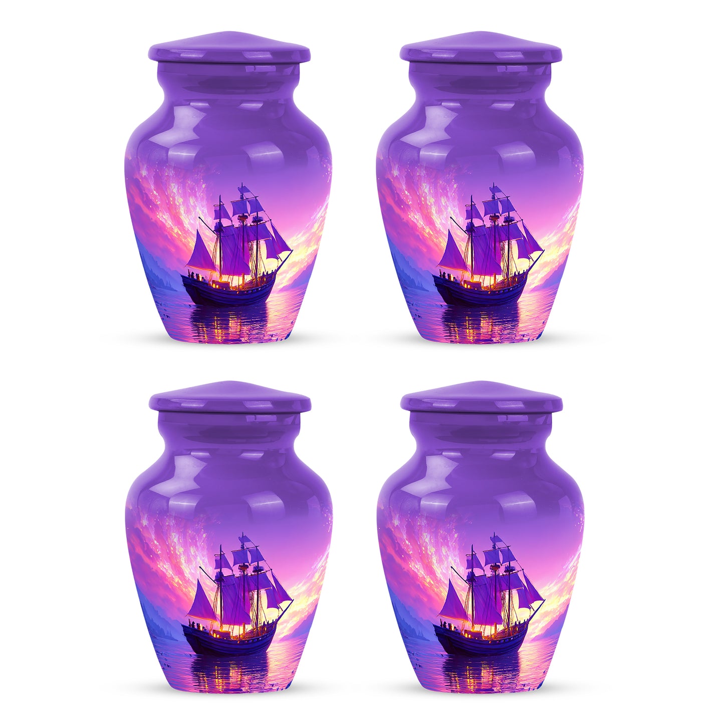 Lavender Purple Boat Cremation Urn side profile showing urn shape - elegant classic boat relief with fine detailing - 10 inch aluminum urn for cremated remains