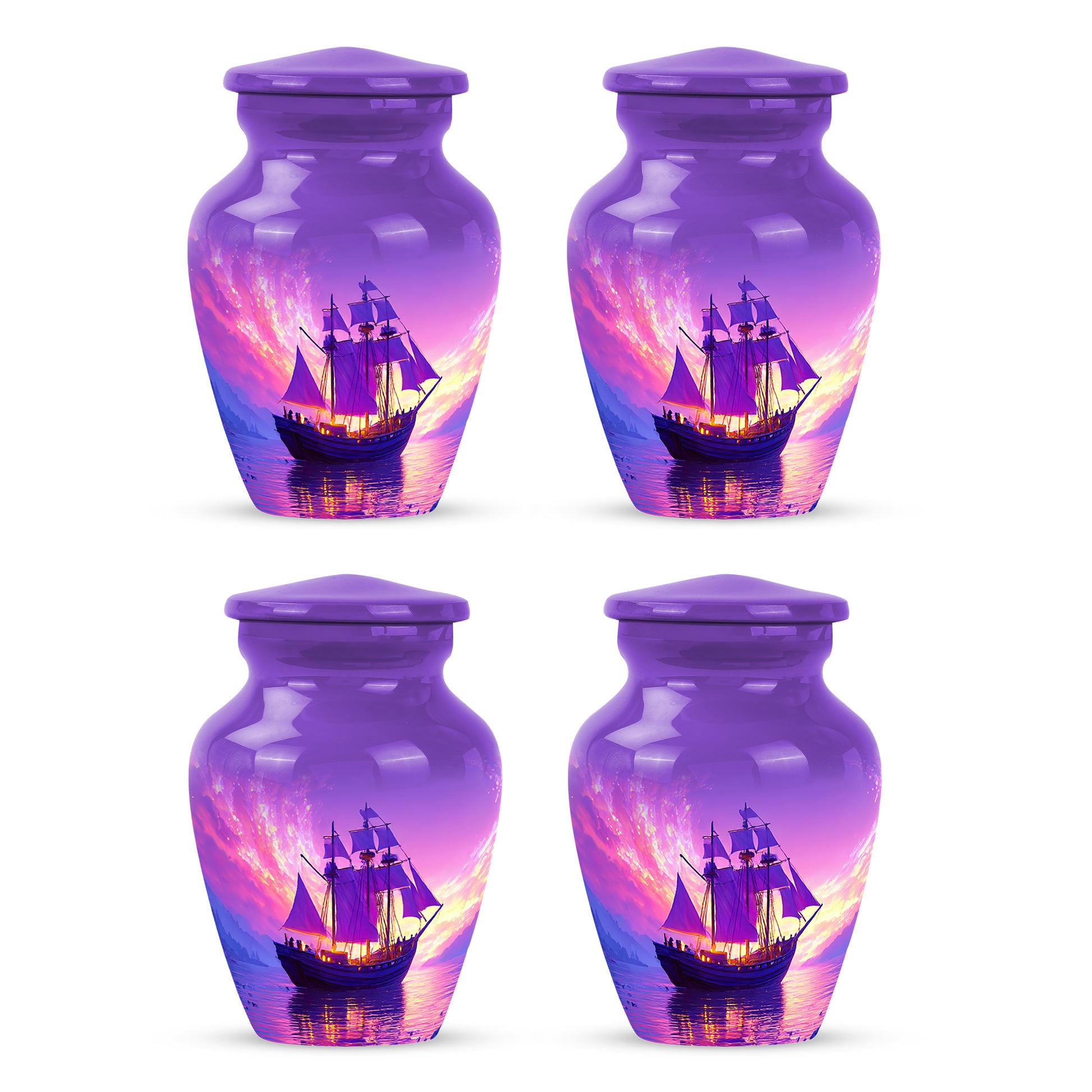 Lavender Purple Boat Cremation Urn side profile showing urn shape - elegant classic boat relief with fine detailing - 10 inch aluminum urn for cremated remains