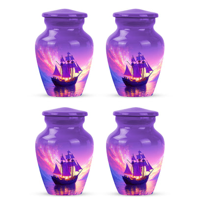 Lavender Purple Boat Cremation Urn side profile showing urn shape - elegant classic boat relief with fine detailing - 10 inch aluminum urn for cremated remains