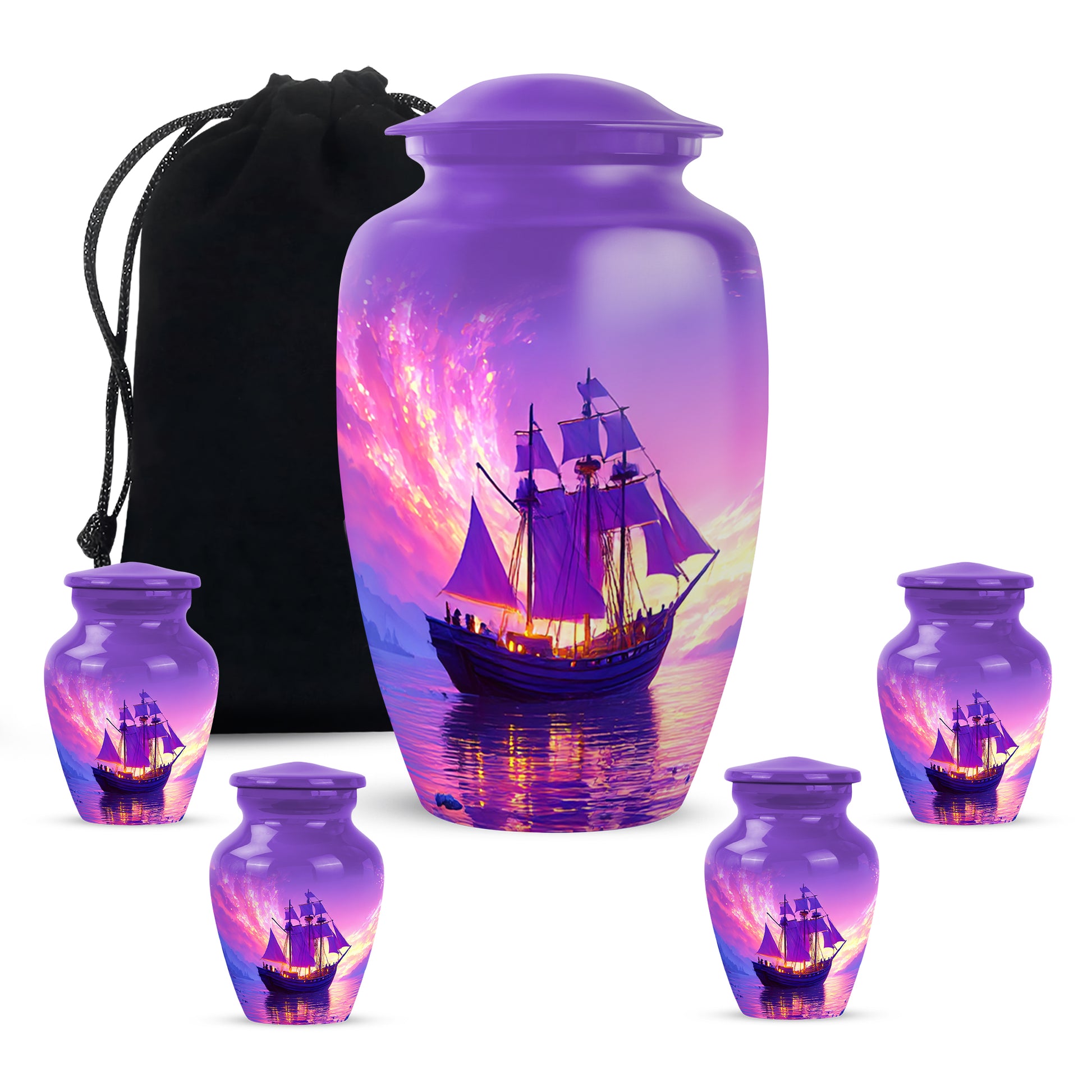 Twilight Purple Boat Cremation Urn top-down view of secure threaded lid - traditional boat engraving with hand-polished finish - memorial set with one large and four small urns