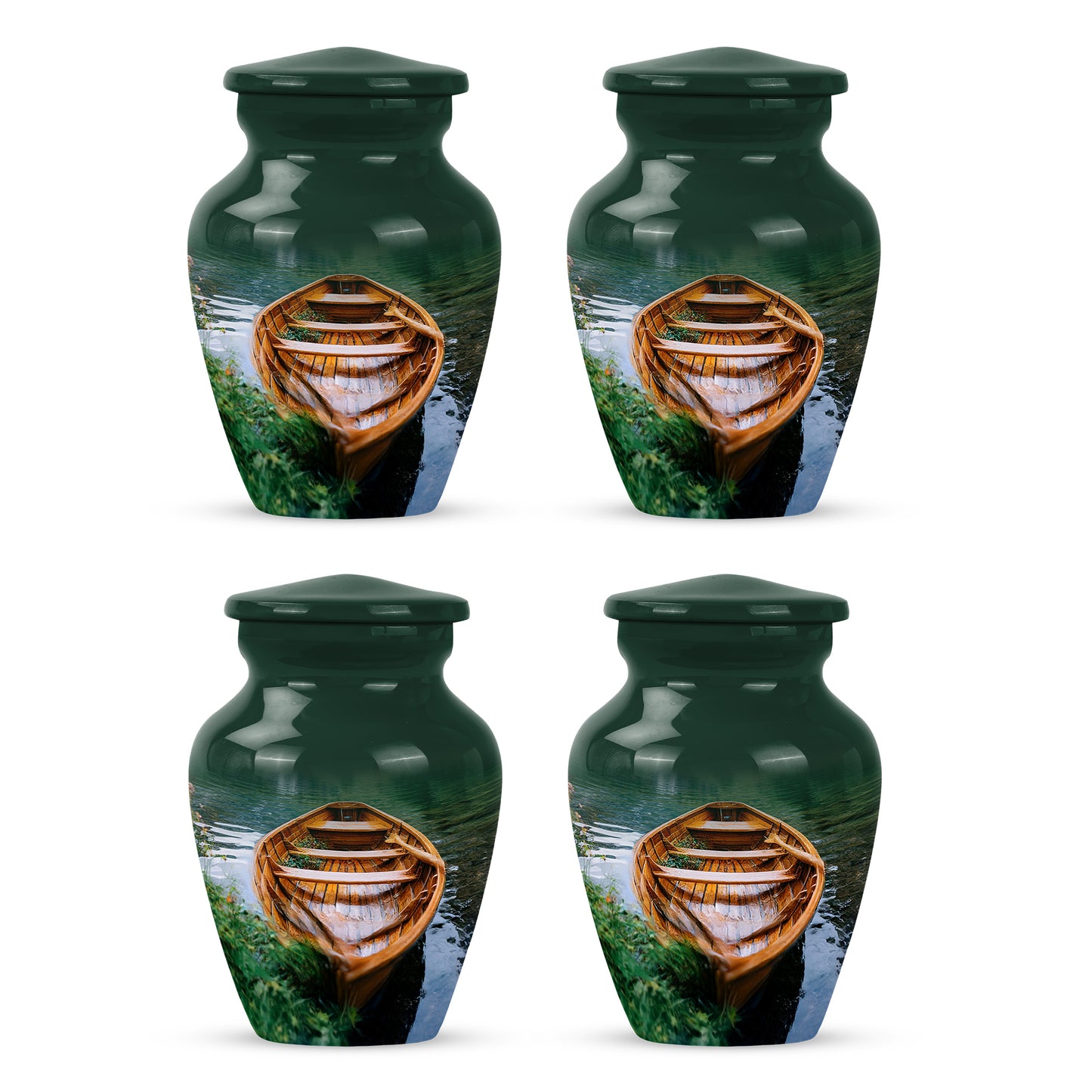 Verdant Green Boat Cremation Urn side profile showing urn shape - classic sculpted boat pattern on smooth aluminum - 10 inch aluminum urn for cremated remains