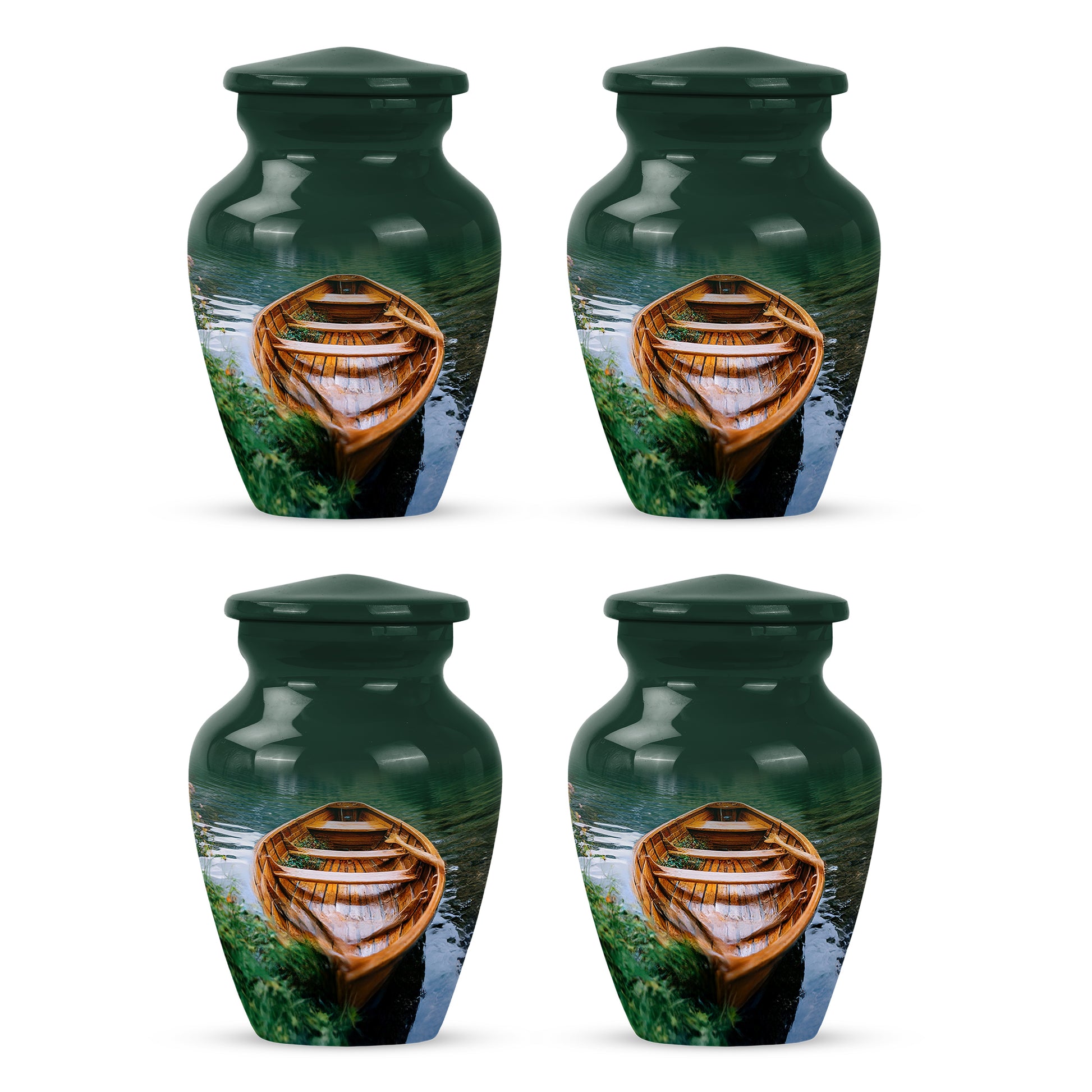 Verdant Green Boat Cremation Urn side profile showing urn shape - classic sculpted boat pattern on smooth aluminum - 10 inch aluminum urn for cremated remains