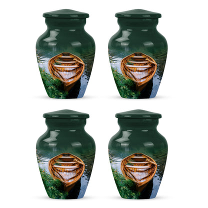 Verdant Green Boat Cremation Urn side profile showing urn shape - classic sculpted boat pattern on smooth aluminum - 10 inch aluminum urn for cremated remains