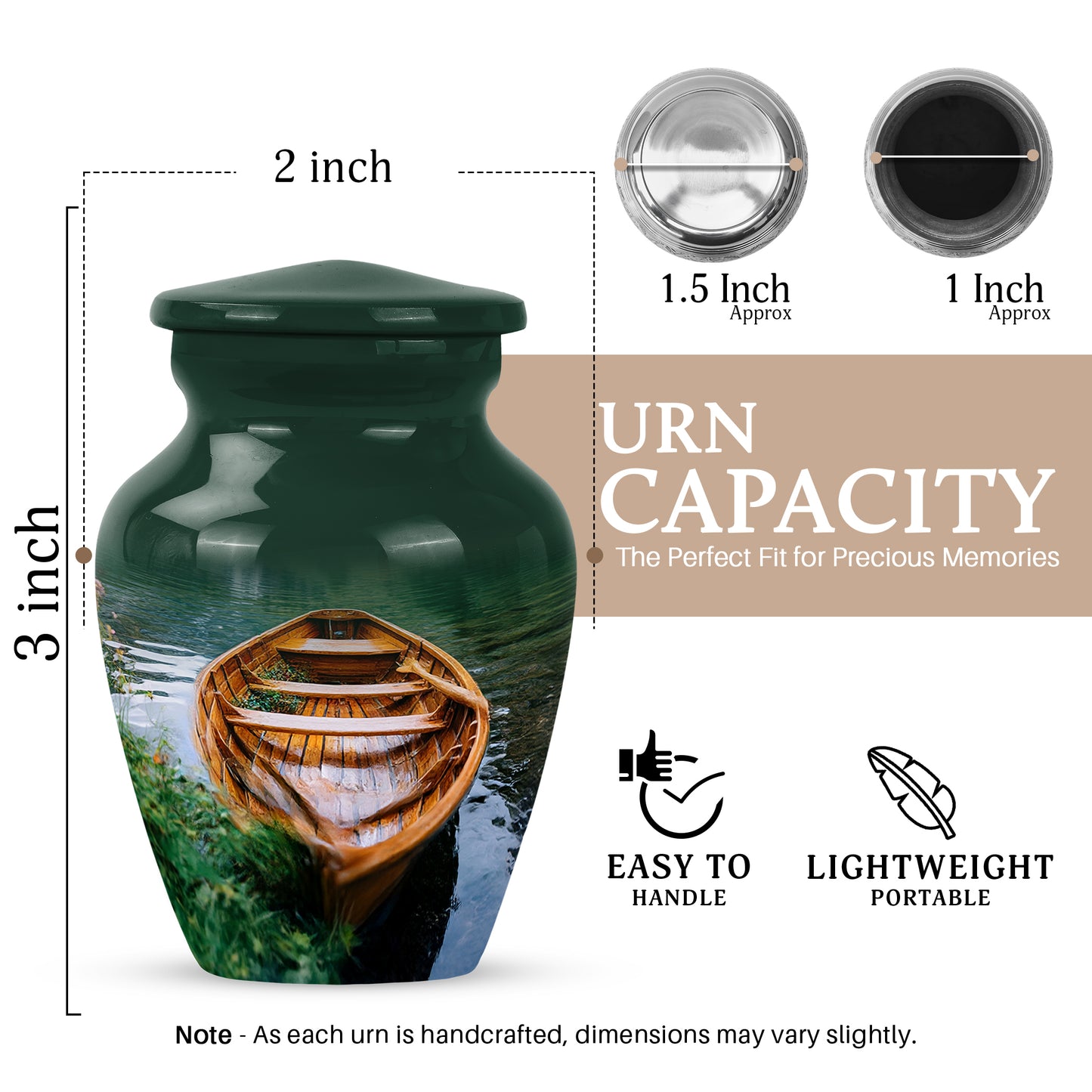 Emerald Green Boat Cremation Urn close-up of engraving and surface detail - timeless boat motif etched into premium metal - mini keepsake memorial for portion of cremation ashes