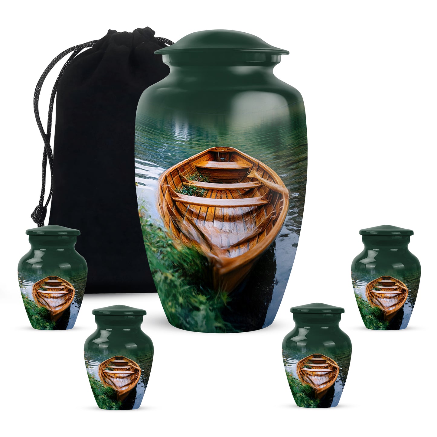 Sage Green Boat Cremation Urn top-down view of secure threaded lid - classic sculpted boat pattern on smooth aluminum - memorial set with one large and four small urns