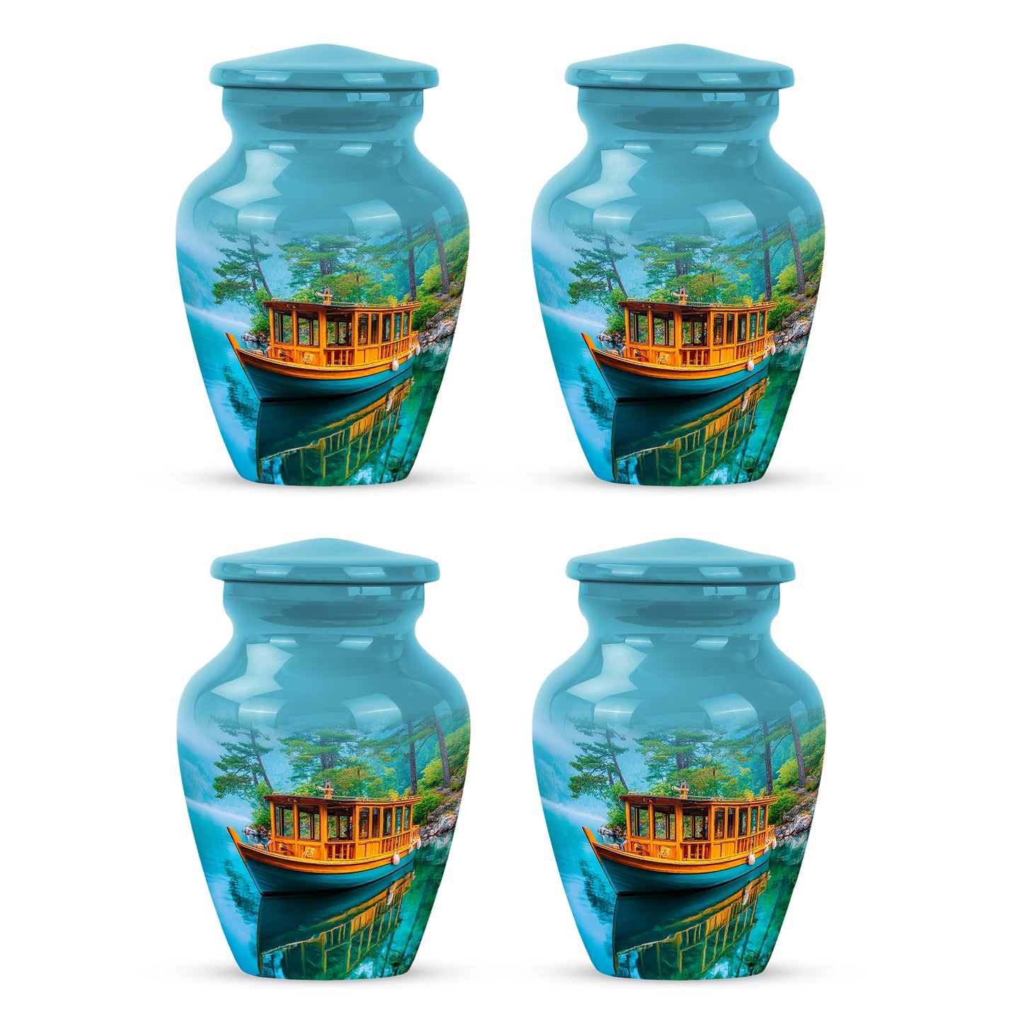 Tropical Teal Boat Cremation Urn side profile showing urn shape - elegant classic boat relief with fine detailing - 10 inch aluminum urn for cremated remains