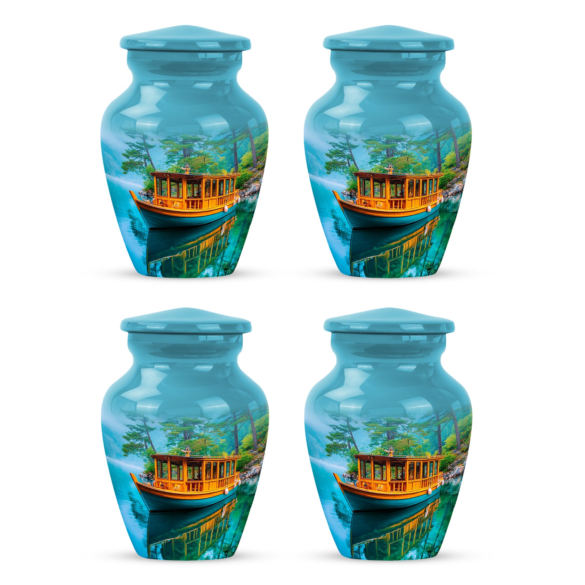 Tropical Teal Boat Cremation Urn side profile showing urn shape - elegant classic boat relief with fine detailing - 10 inch aluminum urn for cremated remains