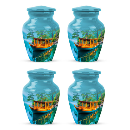 Tropical Teal Boat Cremation Urn side profile showing urn shape - elegant classic boat relief with fine detailing - 10 inch aluminum urn for cremated remains