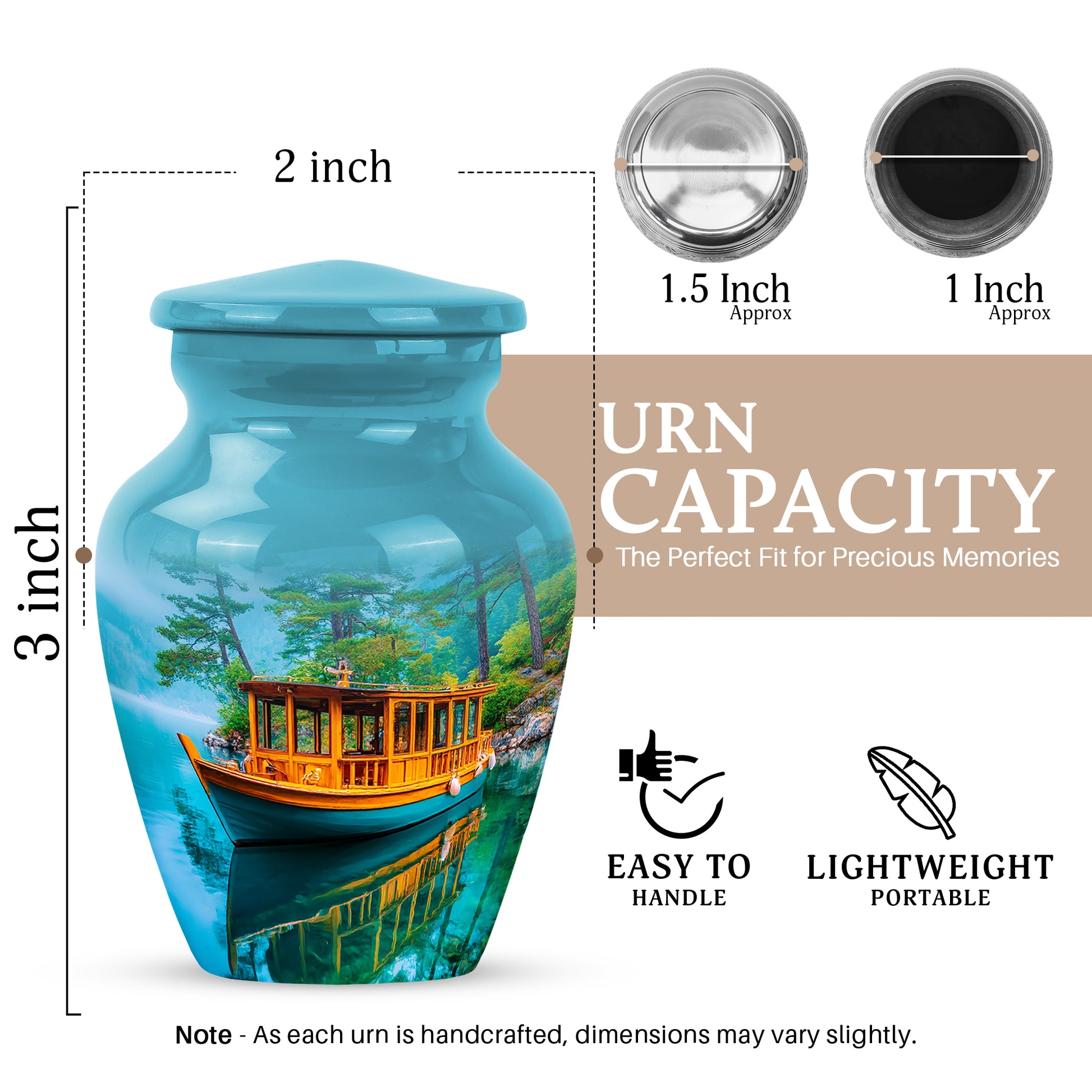 Tropical Teal Boat Cremation Urn close-up of engraving and surface detail - elegant classic boat relief with fine detailing - mini keepsake memorial for portion of cremation ashes