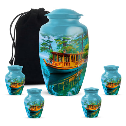 Tropical Teal Boat Cremation Urn top-down view of secure threaded lid - elegant classic boat relief with fine detailing - memorial set with one large and four small urns
