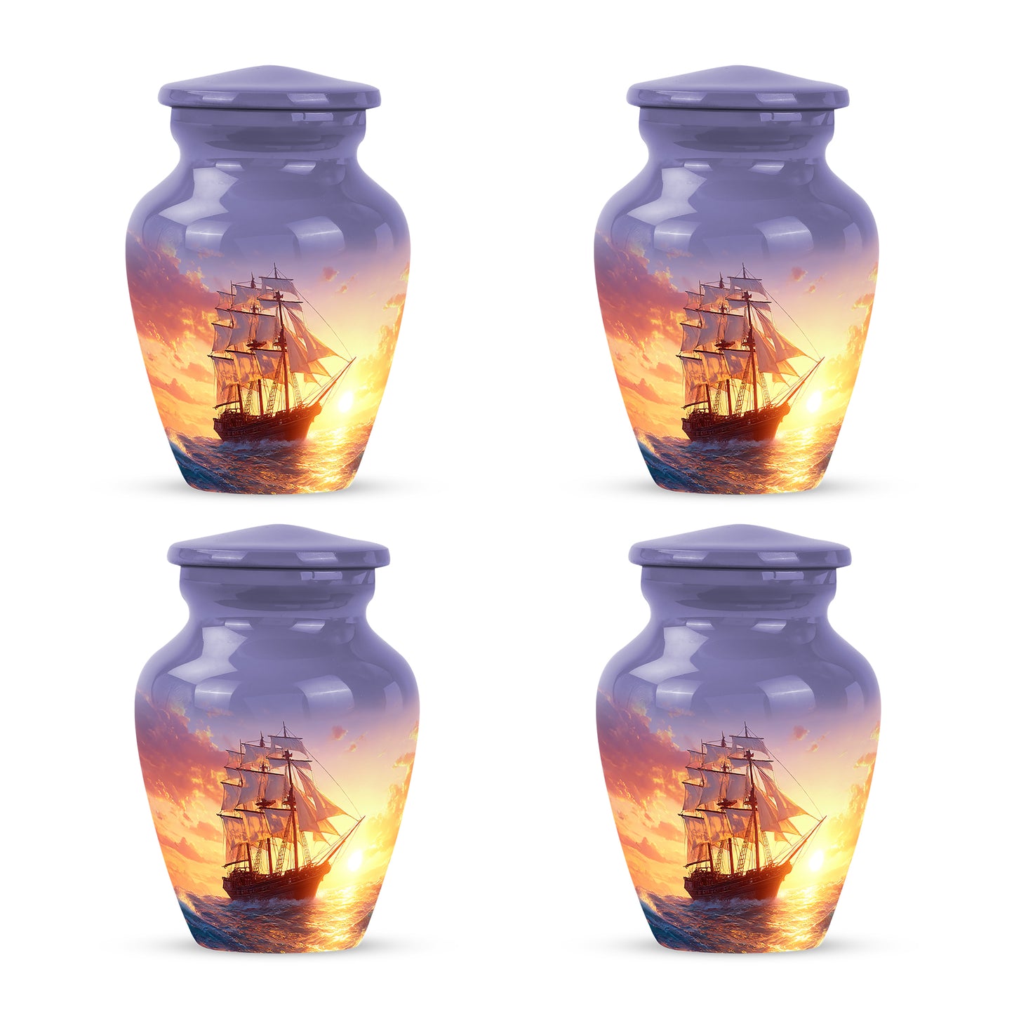 Vivid Blue Boat Cremation Urn side profile showing urn shape - elegant classic boat relief with fine detailing - 10 inch aluminum urn for cremated remains