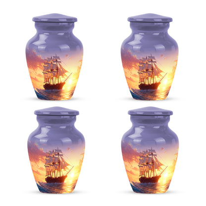 Vivid Blue Boat Cremation Urn side profile showing urn shape - elegant classic boat relief with fine detailing - 10 inch aluminum urn for cremated remains